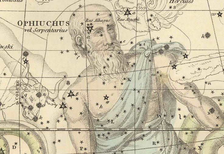  3. Sự liên kết với Thần thoại Hy Lạp. Chòm sao Óphis thường được liên kết với Asclepius, thần y học trong thần thoại Hy Lạp. Asclepius được miêu tả là mang theo một con rắn, biểu tượng của sự chữa lành và sức sống. Ảnh: Pinterest.