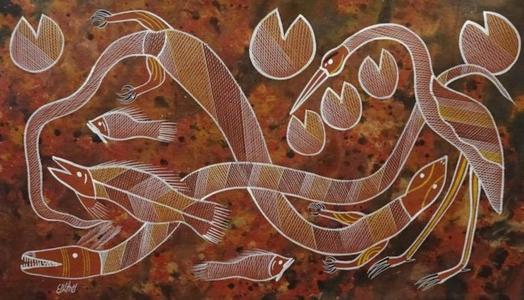  8. Rắn cầu vồng liên kết với các thiên thể. Một số bộ lạc thổ dân Úc tin rằng Rắn cầu vồng có thể di chuyển giữa các vùng đất và thiên thể. Nó được xem như một thực thể có thể kết nối thế giới dưới đất, thế giới con người, và thế giới thần thánh, tượng trưng cho sự liên kết giữa các vũ trụ. Ảnh: Pinterest.