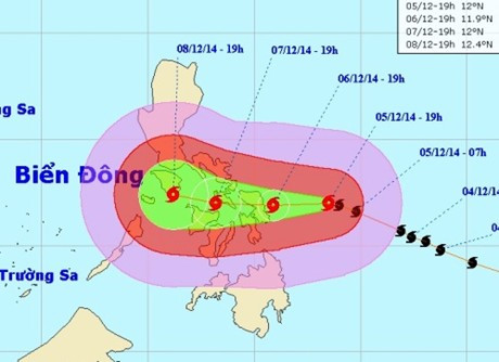 Vị trí và đường đi của siêu bão Hagupit. Ảnh: Trung tâm Dự báo khí tượng thủy văn Trung ương cập nhật lúc 21h ngày 5/12.