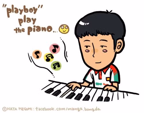 Hình vẽ Xuân Trường trổ tài với đàn piano. Xuân Trường có nickname là "playboy".