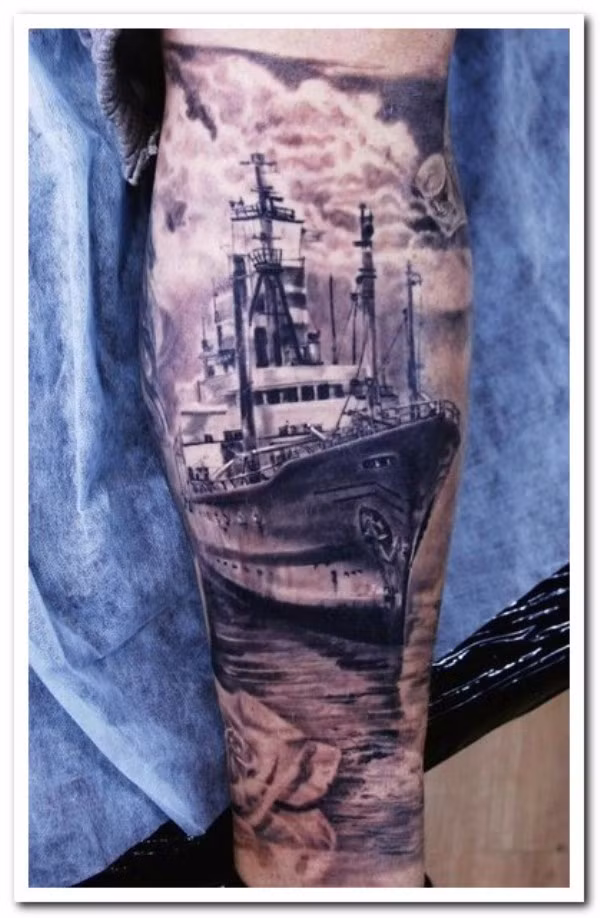 Hình xăm gợi nhớ về con tàu giữa biển khơi, trước một con giông tố.