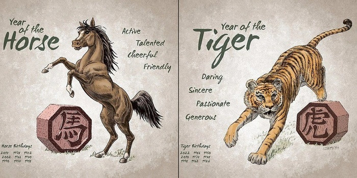 Tuổi Ngọ và Dần. Bề ngoài tuổi Dần có vẻ trầm tính, suy tư, biết cách ứng xử mềm mỏng, hòa nhã với người khác. Thế nhưng, bên trong con người họ lại ẩn chứa sự mạnh mẽ, tự tin thái quá, luôn hướng về phía trước. Khi rơi vào tình trạng bất mãn, con giáp này hiếm khi nói ra mà giữ trong lòng, khiến ấm ức ngày một chất chồng.