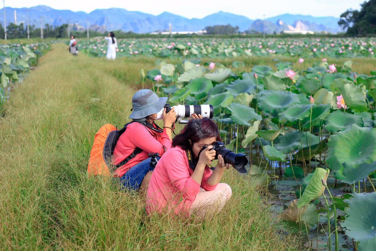 Chị Huyền (ngoài cùng, Mỹ Đình 2) chia sẻ: "Tôi cùng với bạn mình đến đây từ lúc 4h. Đi từ sáng sớm nên không gian ở đây rất dễ chịu. Sen năm nay nở đẹp, mang lại cho tôi rất nhiều cảm xúc để sáng tác".