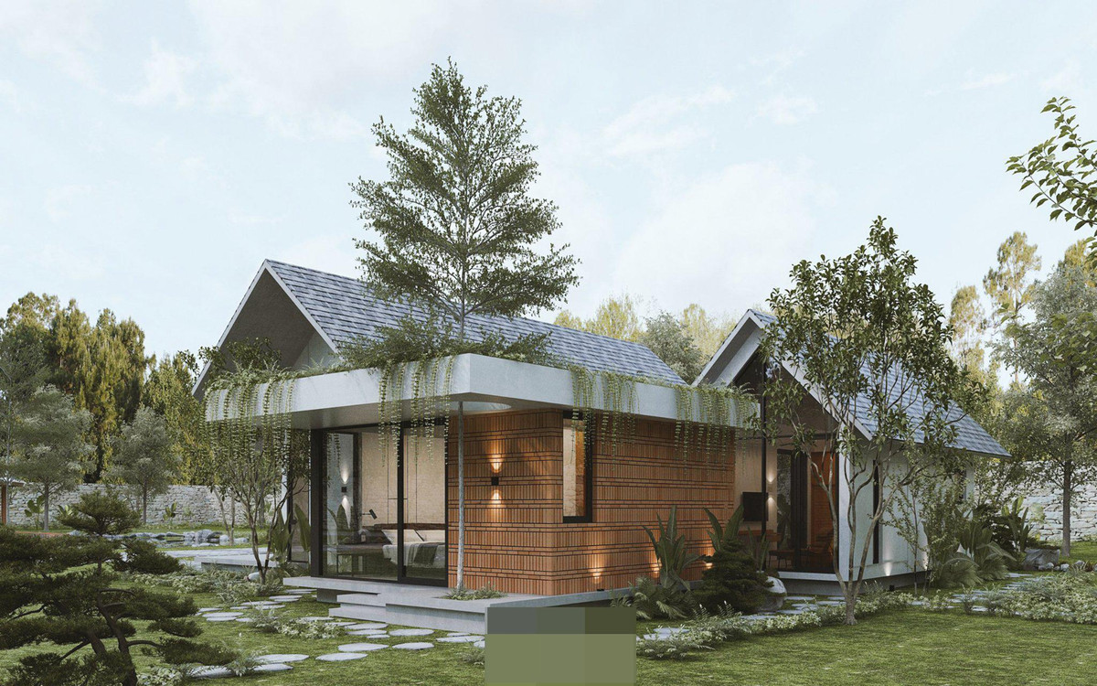 Ngoi nha duoc bao boc boi manh vuon, truoc mat la ho dieu hoa