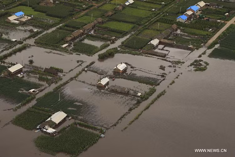 Làng mạc và đồng ruộng đang ngập chìm trong nước lũ.