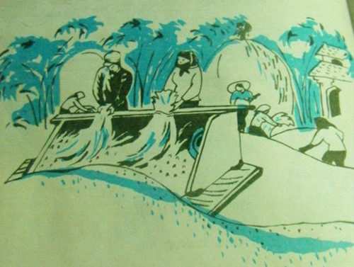 "Trông kìa máy suốt/Rung triệu vì sao/Đầy sân hợp tác/Thóc vàng xôn xao".