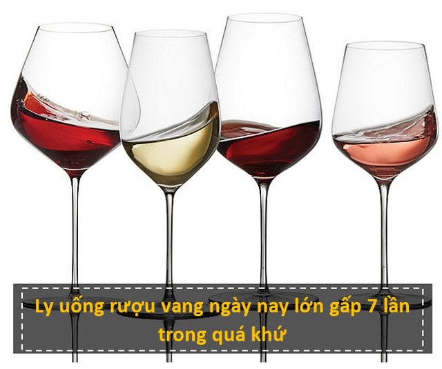 Nhấn để phóng to ảnh Vào những năm đầu của thể kỷ 18, một ly rượu vang chỉ có thể chứa 66 ml chất lỏng. Trong khi đó, vào thời điểm hiện tại, loại ly rượu vang phổ biến có thể chứa đến nửa lít rượu.