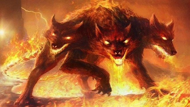 Nhấn để phóng to ảnh Cerberus. Trong thần thoại Hy Lạp, Cerberus là con chó săn ba đầu của Hades với cái đuôi rắn, là con vật canh giữ ở cổng địa ngục. Dù phải trông coi địa ngục, Cerberus vẫn ao ước có được một cái đầu người. Điều đó chứng tỏ Cerberus có nhiều nhân tính chứ không hoàn toàn là thú vật.
