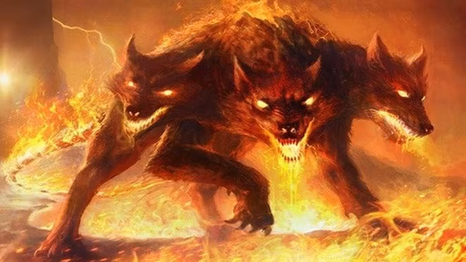 Nhấn để phóng to ảnh Cerberus. Trong thần thoại Hy Lạp, Cerberus là con chó săn ba đầu của Hades với cái đuôi rắn, là con vật canh giữ ở cổng địa ngục. Dù phải trông coi địa ngục, Cerberus vẫn ao ước có được một cái đầu người. Điều đó chứng tỏ Cerberus có nhiều nhân tính chứ không hoàn toàn là thú vật.