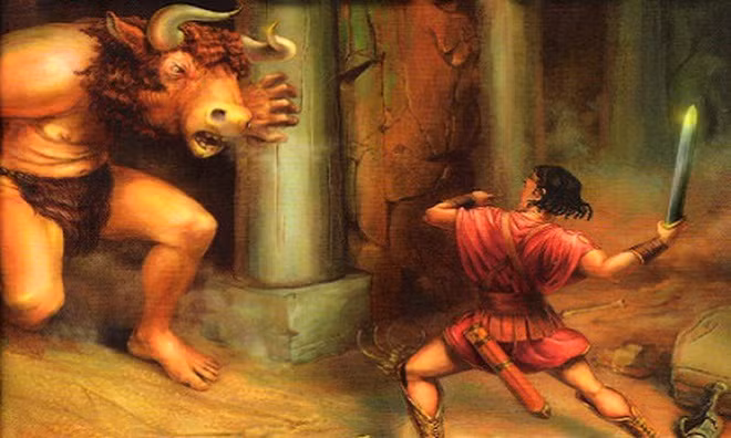 Nhấn để phóng to ảnh Minotaur. Minotaur là quái vật nửa người nửa bò. Truyền thuyết kể rằng, Minotaur là con của Pasiphae (vợ vua Minos) và bò đực Cretan Bull. Sau này, Minotaur bị anh hùng Theseus giết chết. Chính Theseus đã đích thân tìm Minotaur và chiến đấu để bảo vệ người dân thành Athen. Khi đến đảo Crete, con gái của vua Minos đã phải lòng Theseus và tự nguyện dẫn đường cho người hùng xuống mê cung để chiến đấu với Minotaur. Sau khi hạ sát quái vật thành công, Theseus lại chọn con gái khác của vua Minos là Phaedra làm vợ.