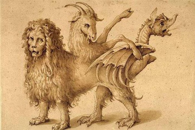 Nhấn để phóng to ảnh Chimera. Trong thần thoại Hy Lạp, Chimera được cho là một con quái vật xấu xa và đáng sợ. Là anh em của Hydra và Cerberus, quái vật này thở ra lửa, có đầu và thân của sư tử, đuôi là một con rắn. Trên lưng nó mọc ra một cái đầu dê và đầu rồng. Sau này, Chimera bị người anh hùng Bellerophon cùng ngựa thần Pegasus tiêu diệt.