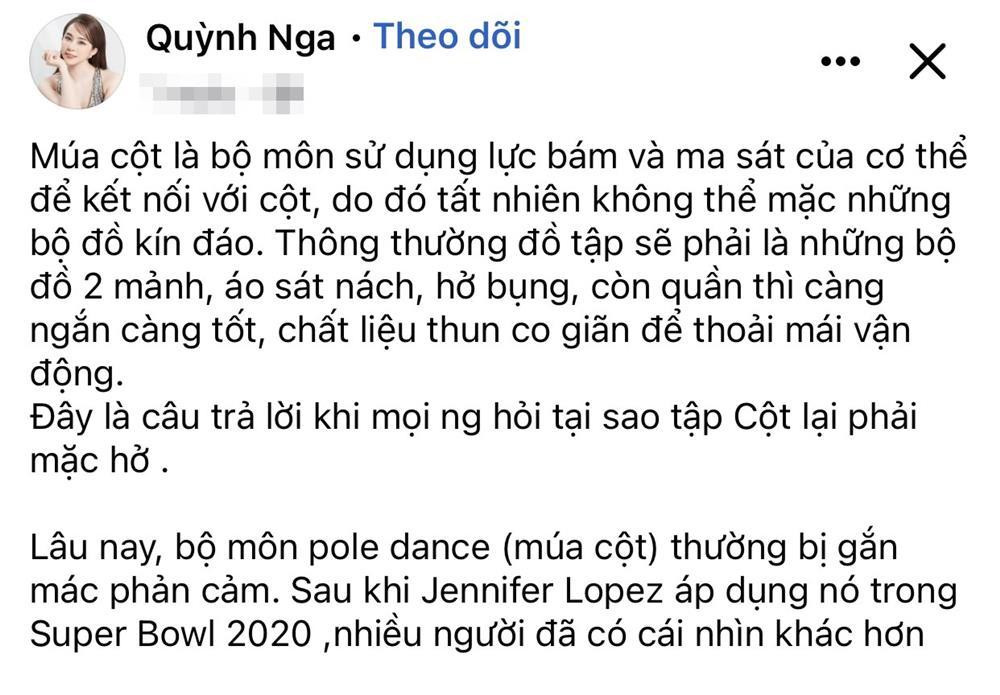 hư một cách để "trấn an" dư luận, bên cạnh clip múa cột, Quỳnh Nga còn đính kèm lời "phân trần" về chiếc quần siêu ngắn chẳng khác nào nội y.