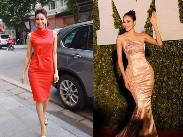 Hoa hậu Phạm Hương cũng là một người đẹp nhờ cậy miếng độn đê tạo thêm sự gợi cảm và hoàn hoả cho vóc dáng. So sánh hai bộ đầm ôm mà người đẹp mặc, trong bộ màu đỏ vóc dáng của Phạm Hương nhất là phần hông rất thanh thoát nhẹ nhàng trong khi bộ đầm lệch vai lại tạo hẳn dáng đồng hồ cát có phần hơi bất hợp lý.