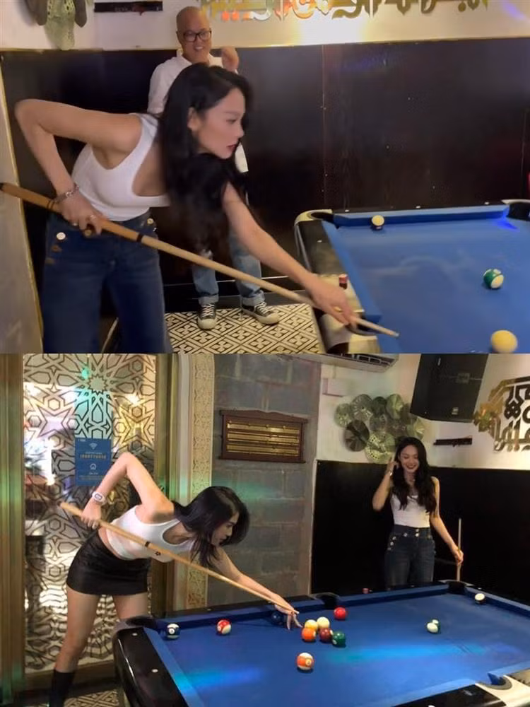 Trình độ chơi billards của Minh Hằng có thể kém Ngọc Trinh chứ vóc dáng thì "ăn đứt".