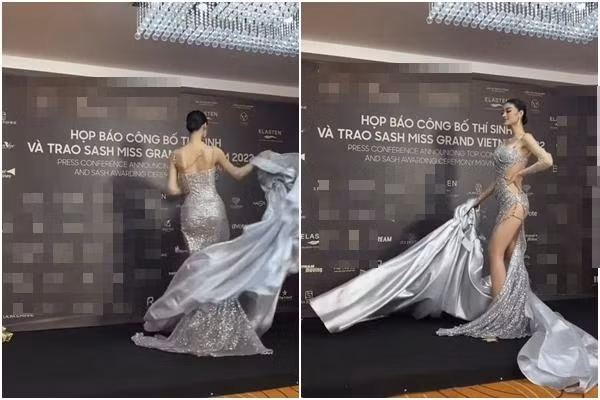 Bên cạnh đó, chiếc đầm dạ hội của người đẹp sau khi cởi bỏ phục trang bên ngoài vẫn xịn đẹp, không quá lố lăng, cách tạo dáng khoe khéo được chân dài mà không hề phản cảm