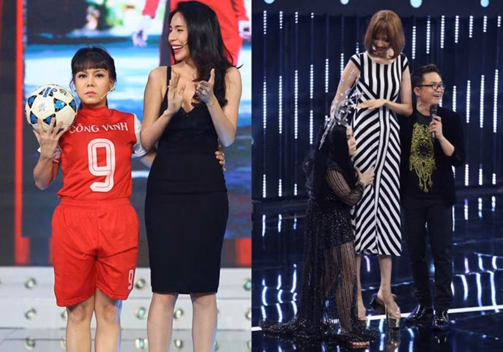 Việt Hương cũng là nghệ sĩ thường xuyên bị "dìm hàng" chiều cao. Mặc dù Thủy Tiên không quá cao nhưng đôi chân đã gần như dài tới nách nữ danh hài.