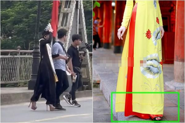 hi mặc áo dài, chị em chỉ nên chọn một đôi giày cao gót với độ cao vừa phải, hoặc chọn quần có độ dài phù hợp để khi đi guốc có thể che phủ được bàn chân, tránh rơi vào trường hợp như Hoa hậu Nông Thúy Hằng.