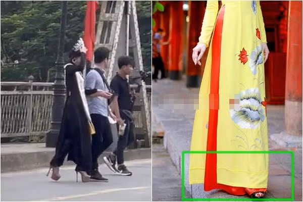 Khi mặc áo dài, chị em chỉ nên chọn một đôi giày cao gót với độ cao vừa phải, hoặc chọn quần có độ dài phù hợp để khi đi guốc có thể che phủ được bàn chân, tránh rơi vào trường hợp như Hoa hậu Nông Thúy Hằng.