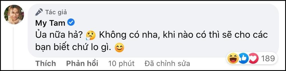 Trước thắc mắc của khán giả, Mỹ Tâm không ngần ngại lên tiếng. Ngay dưới những hình ảnh lộ vòng 2 kém thon gọn, nữ ca sĩ đính chính: "Ủa nữa hả? Không có nha, khi nào có thì sẽ cho các bạn biết chứ lo gì".