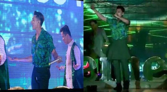 Không chỉ sao nữ mà các ca sĩ nam cũng rơi vào tình huống dở khóc dở cười. Nhảy quá sung, nam ca sĩ bị rách quần vị trí nhạy cảm liền phải lấy áo vest buộc quanh hông để che lại.