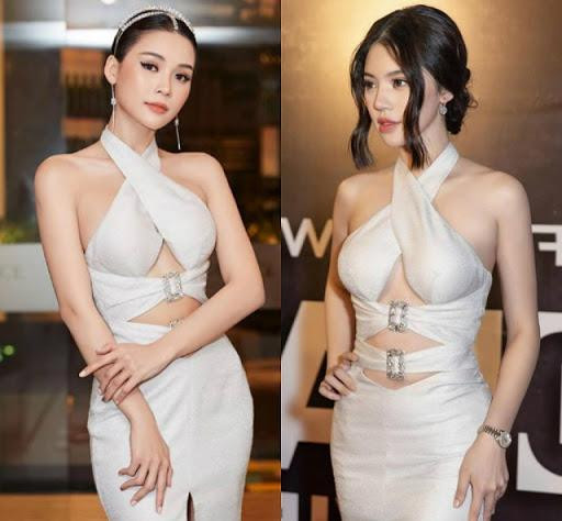 am và Jolie Nguyễn diện váy đuôi cá cut-out tập trung vào phần eo.