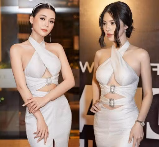 Sam và Jolie Nguyễn diện váy đuôi cá cut-out tập trung vào phần eo.