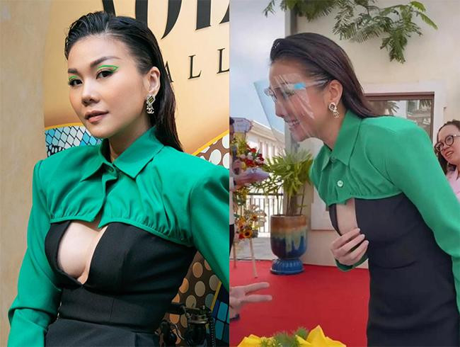 hi lên set thì Thanh Hằng có thể không ngại nhưng khi giao lưu với ai đó, nữ siêu mẫu cũng phải cẩn trọng vì chiếc áo thiết kế lạ.