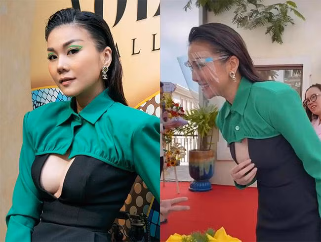 Khi lên set thì Thanh Hằng có thể không ngại nhưng khi giao lưu với ai đó, nữ siêu mẫu cũng phải cẩn trọng vì chiếc áo thiết kế lạ.