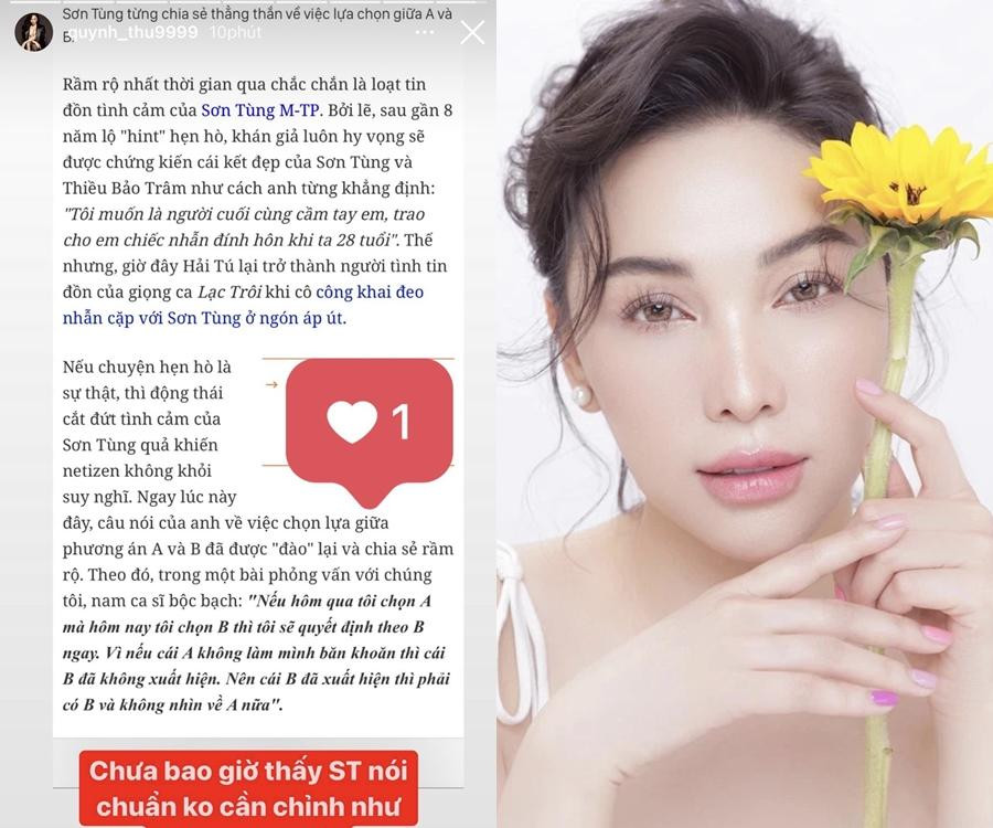 ay vào tháng 11/2021, Quỳnh Thư thể hiện việc đồng quan điểm với Sơn Tùng M-TP về cách lựa chọn trong cuộc sống.