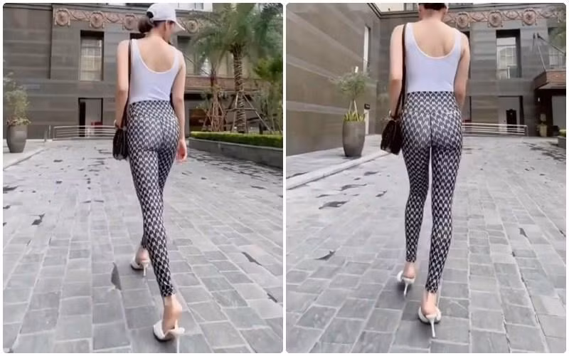 Trước đây, Lệ Quyên cũng từng khoe dáng trong một chiếc quần bó tương tự. Người đẹp cũng khéo léo show vòng 3 với góc máy từ phía sau.