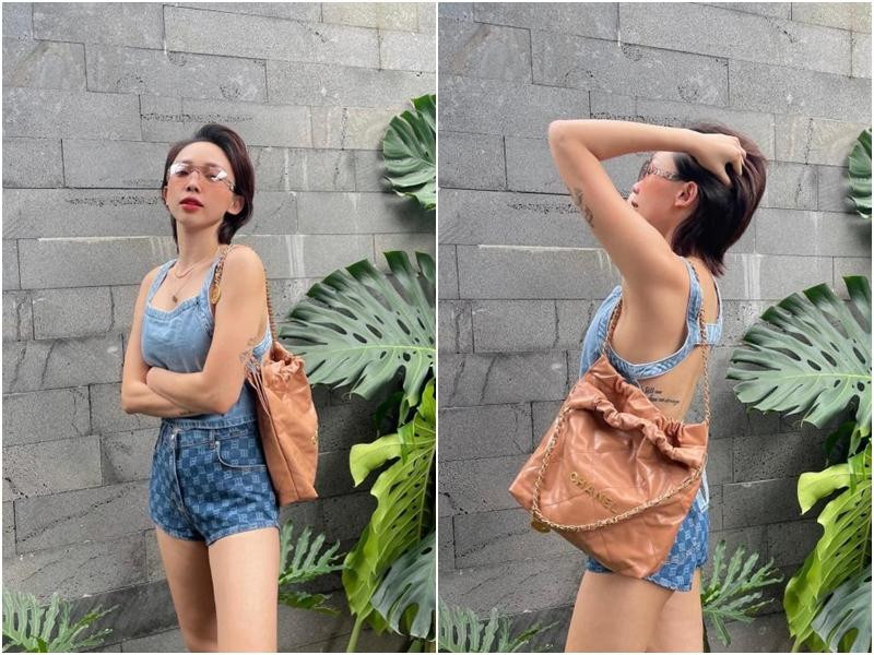 Tóc Tiên dù đang mắc Covid-19 lần 2 cũng tranh thủ đeo túi để "check-in" ngay tại nhà.