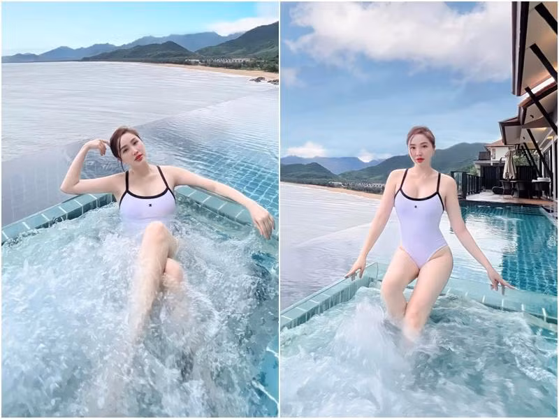 Màn đụng độ thứ 2 là với Bảo Thy. Bộ đồ tắm một mảnh Chanel được "mẹ bỉm" chọn trong chuyến đi Huế để khoe body như chưa hề sinh nở và làn da trắng như phát sáng.