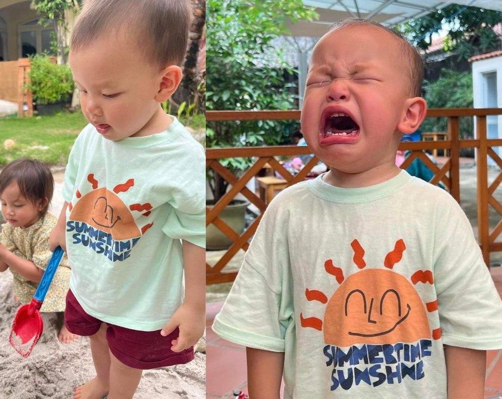 hiếc áo in hình mặt trời Leon mặc đi học, trước đó cũng được mặc và có phần rộng vai hơn.