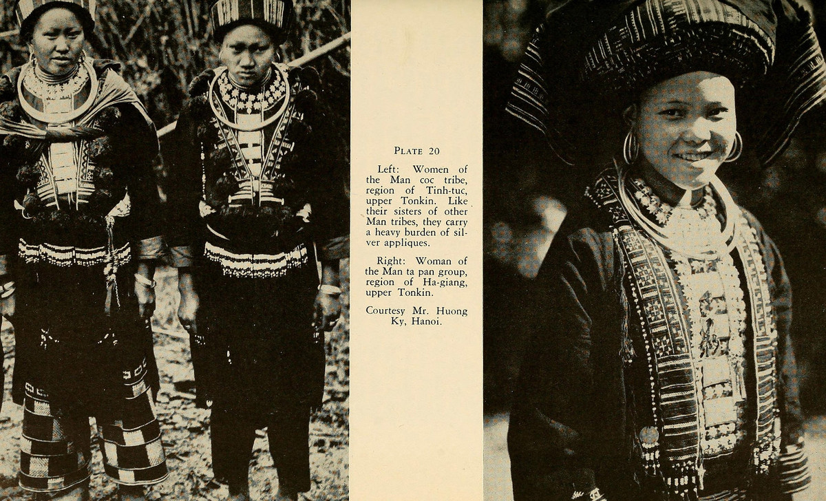 Ảnh trái: Phụ nữ người Dao (thuộc nhóm Cốc Ngáng hoặc Cốc Mùn) ở Tĩnh Túc, Cao Bằng. Ảnh phải: Phụ nữ người Dao Đỏ ở Hà Giang.