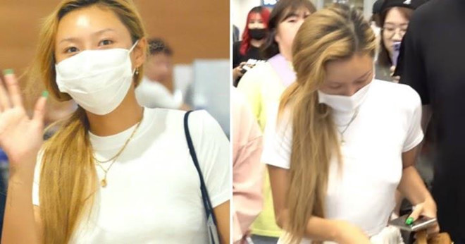 Trước đó vào tháng 7, sau khi tham gia chương trìnhSBS Super Concert in Hong Kong,nhóm Mamamoo đã bay về sân bay Incheon, Hàn Quốc. Có vẻ như Hwasa đang nối gótSullikhi không mặc nội y, lăng xê phong cách thả rông khi ra ngoài. Đặc biệt, thành nữ ca sĩ còn mặc áo crop top trắng, lộ rõ hai gò hồng đào của mình. Cô vẫn tự tin trò chuyện, vẫy tay chào fan tại sân bay. Ảnh:Allkpop.
