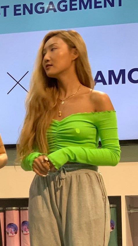 Mới đây, Hwasa bị bắt gặp mặc chiếc crop top màu xanh lá cây trễ vai. Áo đang mặc tôn lên vóc dáng nóng bỏng nhưng lại lộ ra nữ ca sĩ thả rông vòng một của mình. Hình ảnh gây "nhức mắt" cho những người xung quanh. Cô nhận được không ít bình luận trái chiều khi diện mốt này. Ảnh:@unhyejin.