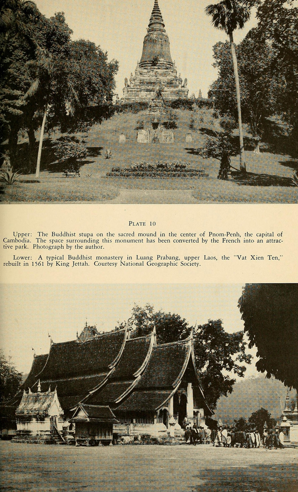 Ảnh trên: Một bảo tháp Phật giáo ở Phnom Penh, Campuchia. Quanh bảo tháp là khu công viên mang phong cách Pháp. Ảnh dưới: Wat Xieng Thong, ngôi chùa cổ nổi tiếng ở Cố đô Luang Prabang của Lào.