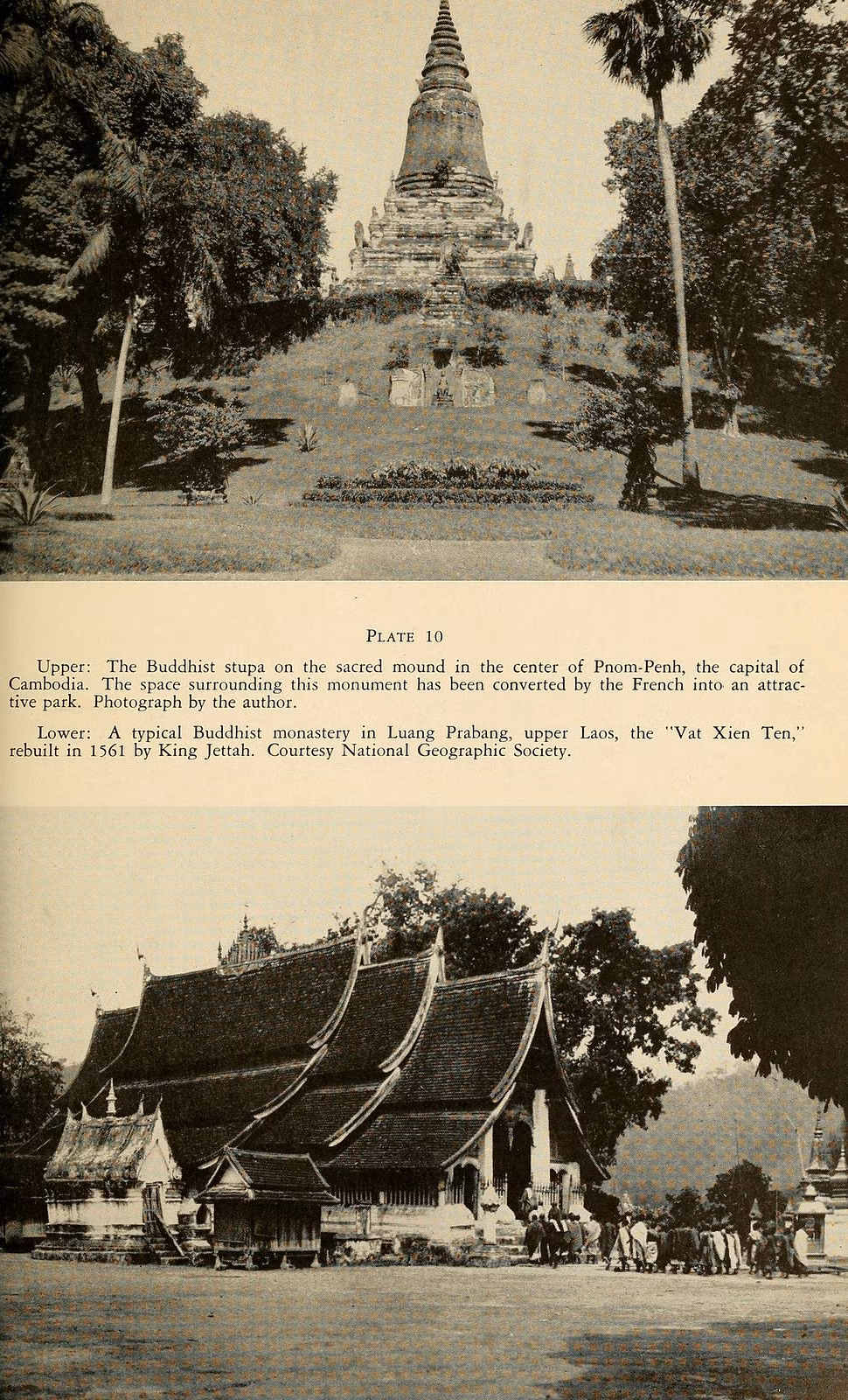 Ảnh trên: Một bảo tháp Phật giáo ở Phnom Penh, Campuchia. Quanh bảo tháp là khu công viên mang phong cách Pháp. Ảnh dưới: Wat Xieng Thong, ngôi chùa cổ nổi tiếng ở Cố đô Luang Prabang của Lào.