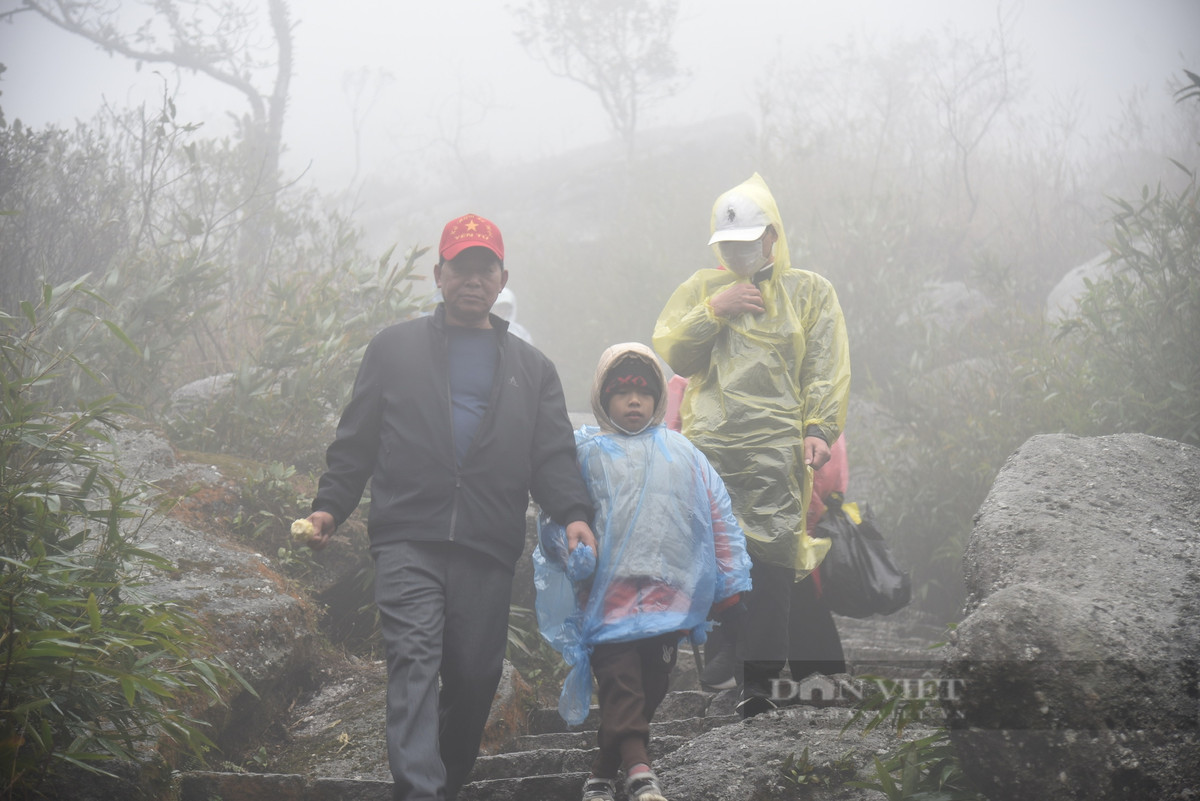 Bất chấp mưa kèm sương mù dày, gió mạnh, dòng người vẫn dò từng bước chân lên chùa Đồng lễ Phật.