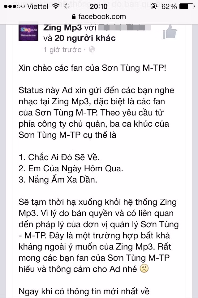 Thông báo của các admin Zing Mp3 về việc tạm thời gỡ 3 ca khúc của Sơn Tùng MTP khỏi hệ thống.