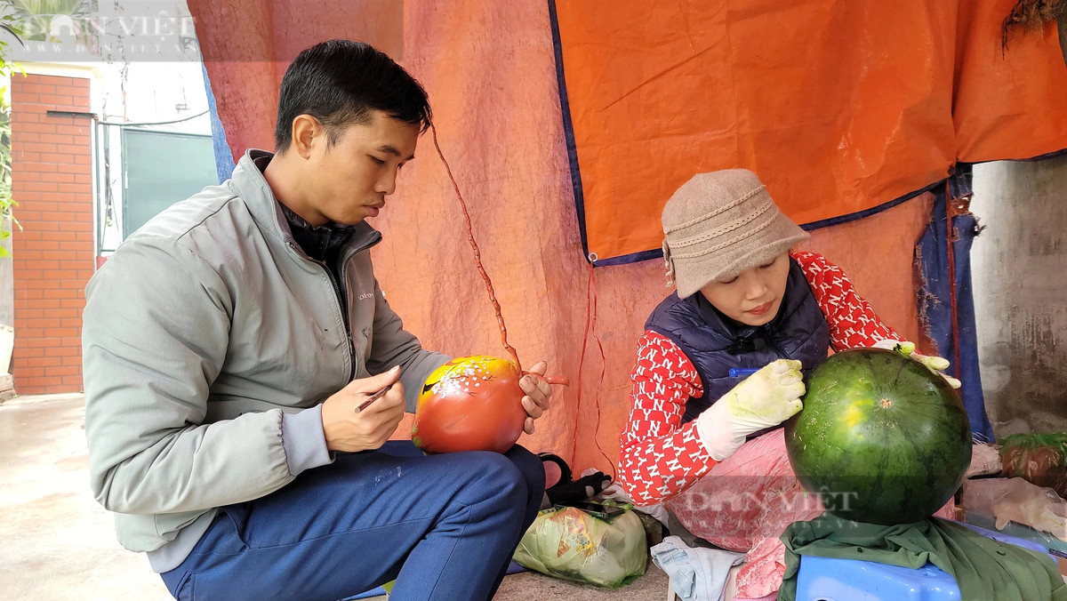 Chị Hằng cho biết, dưa hấu để khắc thư pháp và tranh đòi hỏi quả tròn to, với trọng lượng từ 6 – 8 kg/quả. Chị thường chọn giống dưa hấu hắc mỹ nhân và đặt mua trong tận Long An. Còn đối với quả dừa, được lựa chọn đặt mua tại Hải Phòng.