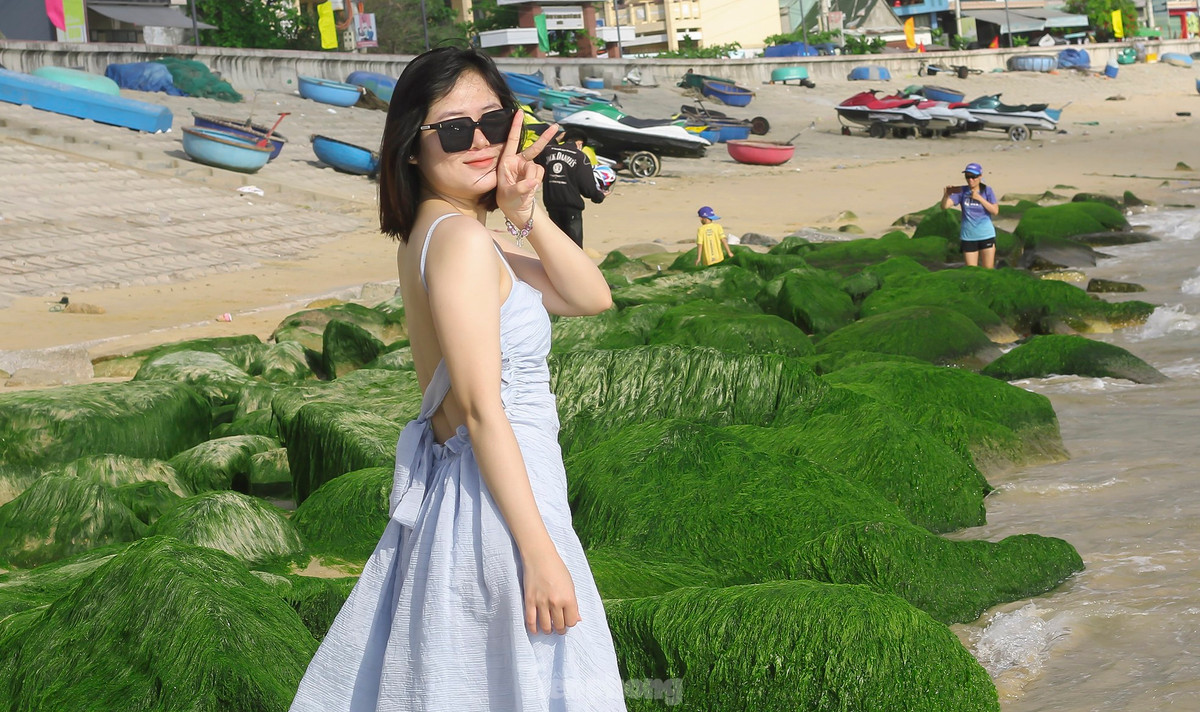 Đang "thả dáng" bên bãi đá rêu xanh mướt, bạn Nguyễn Thị Ái Nhi (26 tuổi, huyện Tuy Phước) chia sẻ, thông qua mạng xã hội nên biết đến bãi đá này, thấy đẹp quá nên tranh thủ qua chụp vài kiểu ảnh để lưu niệm. Ảnh: Trương Định