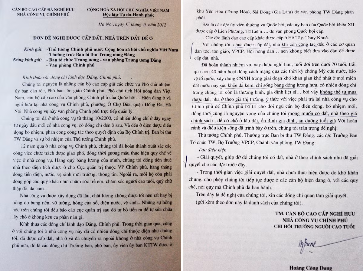 Đơn xin cấp nhà, đất sau khi trả lại nhà công vụ trình Thủ tướng Chính phủ và Ban quản lý khu nhà công vụ của các cán bộ có căn hộ gửi đi từ năm 2012 nhưng đến nay vẫn chưa được hồi đáp.