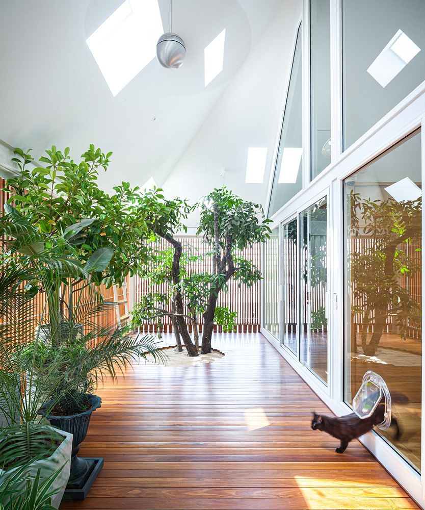 Giếng trời được bố trí ở giữa hành lang, giúp bổ sung ánh sáng tự nhiên cho cả ngôi nhà và duy trì sự kết nối với môi trường xung quanh.