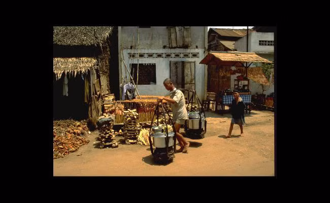 Một thiếu niên với đôi quang gánh trĩu nặng trên vai.