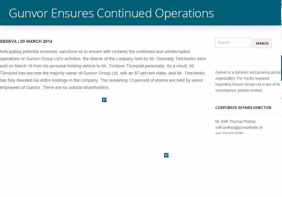 Sau khi Mỹ ra lệnh trừng phạt lên đồng chủ tịch Gennady Timchenko, trang chủ của công ty đã ngay lập tức thông báo công ty vẫn sẽ tiếp tục hoạt động bình thường. Giá cổ phiếu công ty không hề suy giảm vì cổ phiếu của ông Timchenko đã được bán lại, và hiện ông Torbjorn Törnqvist chính thức trở thành chủ tịch hội đồng quản trị nhờ nắm giữ 87% cổ phiếu.