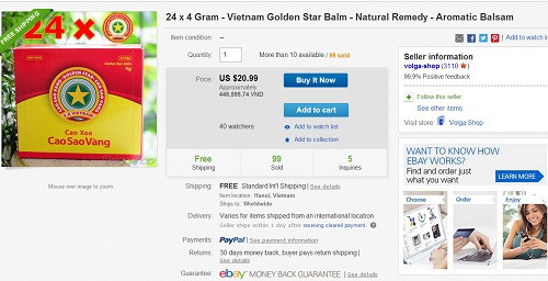 Trang web ebay rao bán cao sao vàng với giá "trên trời" gần 21 USD một bao 24 hộp (khoảng 446.000 đồng).