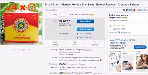 Trang web ebay rao bán cao sao vàng với giá "trên trời" gần 21 USD một bao 24 hộp (khoảng 446.000 đồng).