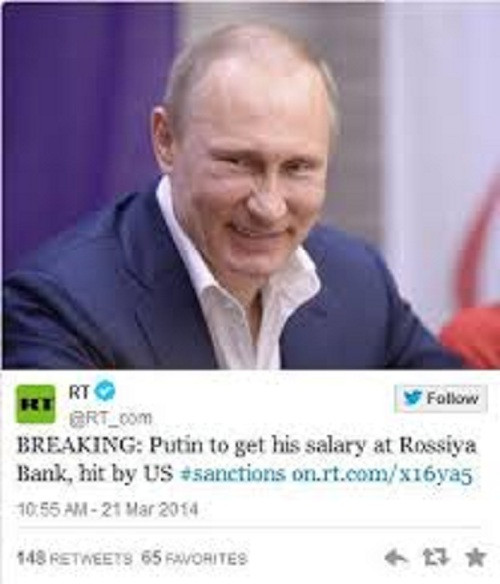 Để đáp trả lại sự trừng phạt của các nước phương Tây, tổng thống Nga Putin ngay lập tức tuyên bố sẽ mở tài khoản tại ngân hàng Rossiya và chuyển toàn bộ tiền lương của mình vào ngân hàng này.