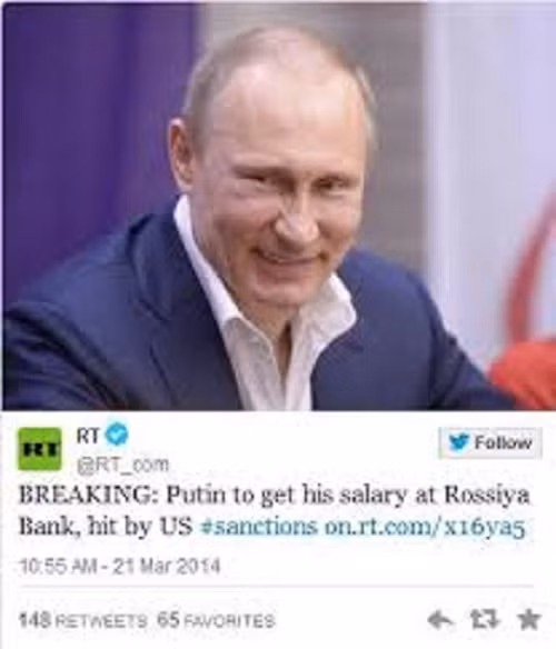 Để đáp trả lại sự trừng phạt của các nước phương Tây, tổng thống Nga Putin ngay lập tức tuyên bố sẽ mở tài khoản tại ngân hàng Rossiya và chuyển toàn bộ tiền lương của mình vào ngân hàng này.